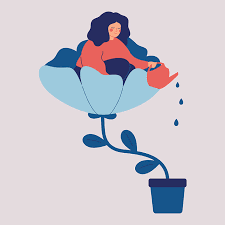 Clip Art Woman Watering Her Own Growth Out Of A Small Pot Self Compassion When You're Not Doing Okay Secure Minds Psychology